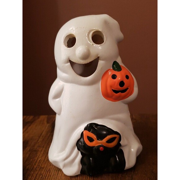 Halloween Ghost Pumpkin Black Cat Ceramic Candle Holder Vintage Jack O'Lantern - Picture 3 of 14